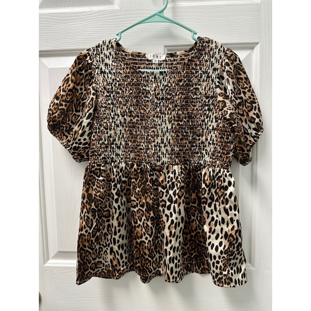 THML Leopard Print Smocked Puff Sleeve Blouse Top TM5011-Y Small